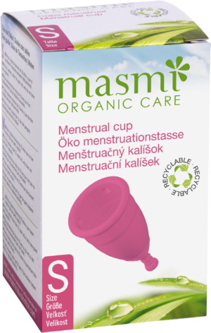 Schachtel mit Menstruationstasse MON.MENS.TAS.MED.TPE OEKO S, mit rosa Tassenillustration und Recyclingsymbol, Größe S.