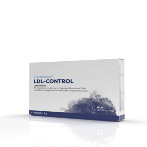 Eine Schachtel LACTOBACT KPS HLH LDL-CONTR-Kapseln von HLH BioPharma zur Regulierung des Cholesterinspiegels. Enthält 30 Kapseln mit einem Gesamtgewicht von 9 g.