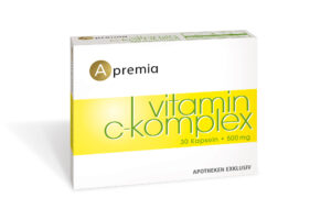 Die Schachtel des Nahrungsergänzungsmittels APREMIA VIT C KOMPL 500 KPS mit der Aufschrift „30 Kapseln • 500 mg“ weist ein weiß-gelbes Design auf.
