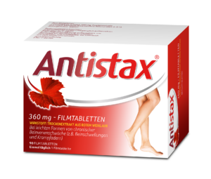 Schachtel mit ANTISTAX FTBL 360MG Filmtabletten, deren Verpackung ein rotes Blatt und ein Bild von Beinen zeigt.