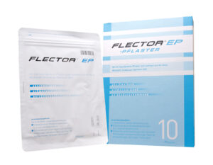 Die FLECTOR EP PFL-Verpackung umfasst ein silbernes Sachet und eine blaue Schachtel, die mit weißem Text und Designelementen verziert ist.