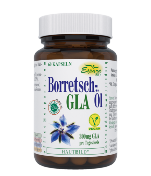 Eine Flasche „BORRETSCHOEL-GLA BIO KPS“ enthält 60 Kapseln und ist mit dem Vegan- und Bio-Siegel auf der Verpackung versehen.
