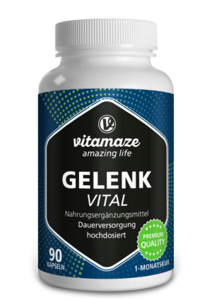 Eine Flasche GELENK KPS VITAL mit 90 Kapseln enthält Nahrungsergänzungsmittel zur Gelenkunterstützung und verfügt über ein dunkelblaues Etikett mit grünen Akzenten.