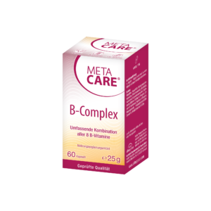 Schachtel META CARE KPS B-COMPLEX Nahrungsergänzungsmittel in Deutsch, mit 60 Kapseln, Nettogewicht 25g.