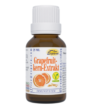 Eine braune Flasche mit der Aufschrift „Grapefr Kern Extr Esp“ und Abbildungen von Grapefruitscheiben trägt die Symbole „Vegan“ und „Immunsystem“.