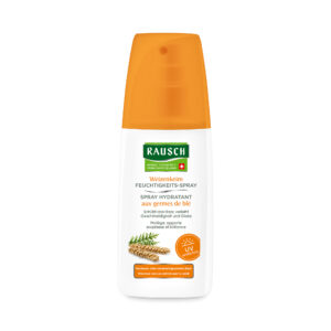 Flasche RAUSCH WEIZENK FEUSPRAY Feuchtigkeitsspray mit Weizenkeimen, ausgestattet mit einer orangefarbenen Kappe und einem weißen Etikett mit einer Weizenillustration und mehrsprachigen Produktinformationen.