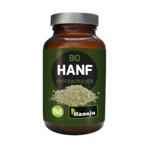 Braunes Glas mit der Aufschrift „HANF PROT BIO PLV HAN“ und einem grünen Etikett, auf dem in der Mitte ein Haufen Proteinpulver abgebildet ist, und einem „Bio Hanoju“-Logo am Boden.