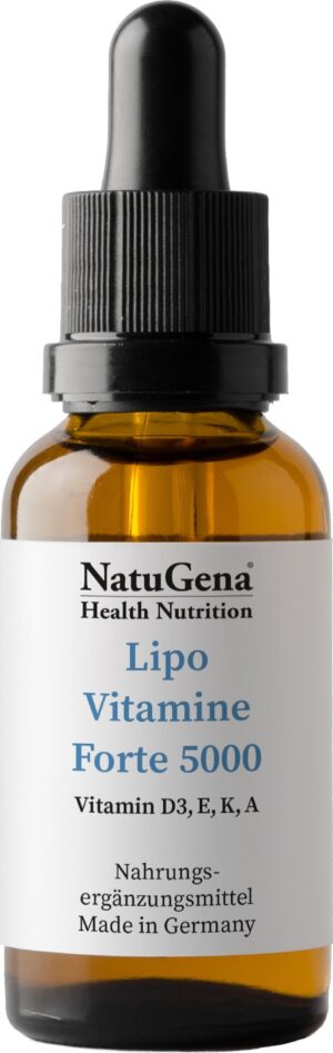 Eine braune Glas-Tropfflasche mit der Aufschrift „NATUGENA TR LIPOVIT FTE 5000“ enthält die Vitamine D3, E, K und A. Hergestellt in Deutschland.