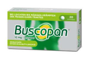 Die Schachtel BUSCOPAN DRG 10MG BLISTER in grün-weißer Verpackung enthält 20 Tabletten zur Linderung leichter bis mittelschwerer Magen- und Darmkrämpfe.