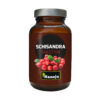 Ein braunes Glas mit der Aufschrift „SCHISANDRA EXTR 400MG TBL“ und einem Bild von roten Beeren und grünen Blättern sowie der Marke „Hanoju“.