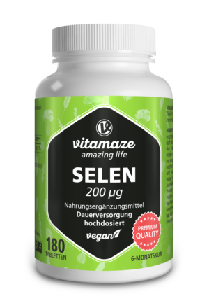 Grün-weiße Vitamaze-Flasche mit der Aufschrift „SELEN TBL 200MCG VEGAN“ enthält 180 vegane Tabletten.