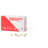 Eine Schachtel KARAZYM TBL mit abgebildeten Sportfiguren, daneben mehrere verstreute gelbe Tabletten.