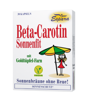 Schachtel BETA CAROTIN KPS SONNENFIT Kapseln mit Comic-Frau mit Regenschirm, Aufschrift „mit Goldtüpfel-Farn“ und veganem Logo.