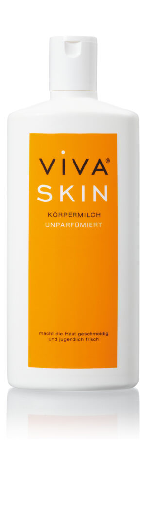 Weiße Flasche Körperlotion mit der Aufschrift „VIVA SKIN KOERP.MIL“ und einem gelb-orangen rechteckigen Etikett.