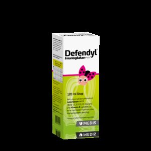 Schachtel DEFENDYL-IMUNOGLUK.SIR, 120 ml, im pink-grünen Design. Enthält Beta-(1,3/1,6)-D-Glucan und Vitamin C.