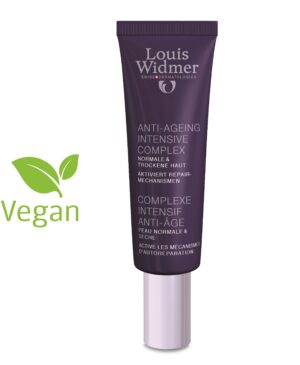 Tube WIDMER A-AGE INTENS COMPL CR mit veganfreundlicher Kennzeichnung auf weißem Hintergrund.