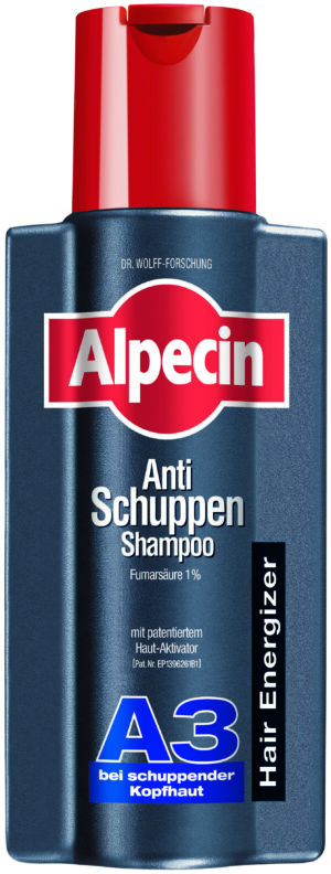Eine Flasche SH.ALPECIN ENERG.AKTIV A3 Anti-Schuppen-Shampoo verfügt über einen roten Deckel und ein rotes Etikett, die auf die Haar-Energizer-Formel und den Fumarsäuregehalt hinweisen.