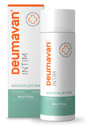 Deumavan Washlot Neutr Fl mit orangefarbenem Logo und Kreuzsymbol in weiß-grüner Verpackung ist für empfindliche Haut konzipiert.