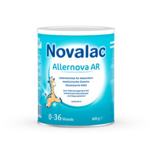 Eine 400g Dose NOVALAC ALLERNOVA AR Säuglingsnahrung, konzipiert für besondere medizinische Zwecke, ist für Säuglinge im Alter von 0-36 Monaten geeignet und laktosefrei.