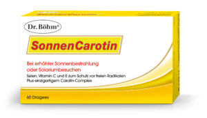 DR.BÖHM SONNENCAROTIN DRG, mit 60 Dragees, mit deutschem Text und enthält Selen, Vitamin C, E und einen Carotinoid-Komplex zum Schutz.