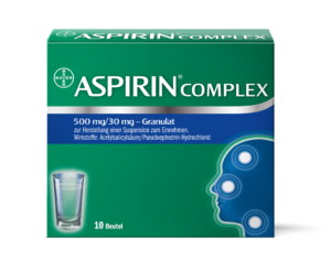 ASPIRIN COMPLEX GRAN500/30MG wird in einer Packung mit 10 Beuteln à 500 mg/30 mg Granulat geliefert und zeigt eine Kopfillustration mit leuchtenden Punkten und einem Glas Wasser.