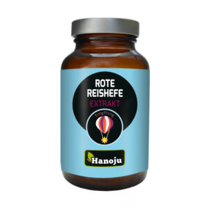 Braunes Glas mit blauem Etikett mit der Aufschrift „ROTE REISHEFE EXTR KPS 240MG“ und „Hanoju“, sowie der Grafik eines Heißluftballons.