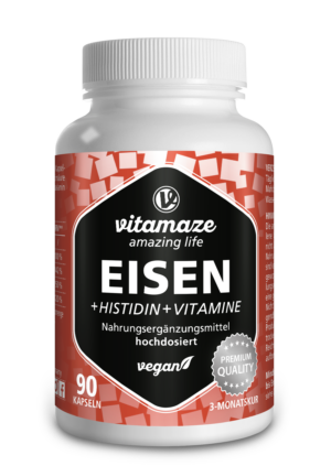 Flasche EISEN KPS 20MG +HISTIDIN, veganes Nahrungsergänzungsmittel mit Histidin und Vitaminen, 90 Kapseln, Premium Qualität, für eine 3-Monats-Kur.