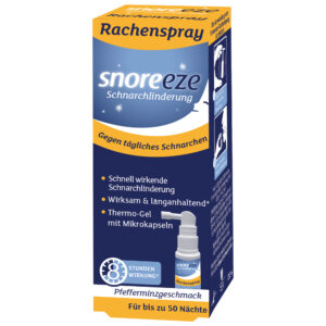 Schachtel SNOREEZE RACHENSPRAY mit Pfefferminzgeschmack, entwickelt zur Reduzierung des Schnarchens. Auf der Verpackung wird eine Wirksamkeit von bis zu 50 Nächten mit schneller und langanhaltender Linderung versprochen.