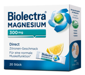 Schachtel BIOLECTRA MAGN DIR ZITR, 300 mg Direktsticks, Zitronengeschmack, 20 Stück, unterstützt die normale Muskelfunktion.
