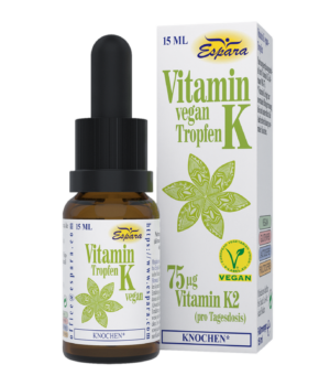 Espara VIT K TR VEGAN Tropfen, Dose und Flasche, 15 ml mit 75 µg Vitamin K2 Dosierung.