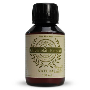 Eine braune 100-ml-Flasche mit der Aufschrift „OLIVEN BLATT EXTR NAT“, verziert mit grünen Blättern und dem Text „100 % naturrein“ und „Naturprodukt“.