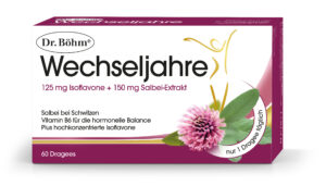 Schachtel DR.BÖHM WECHSELJAHRE mit 125 mg Isoflavon, 150 mg Salbei-Extrakt-Kapseln, der Abbildung einer rosa Blüte und 60 Dragees.