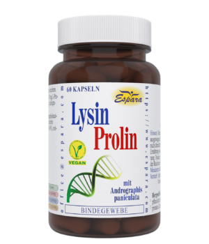 Braune LYSIN PROLIN KPS-Flasche von Espara, mit der Aufschrift „vegan“ und einer DNA-Helix-Grafik auf weißem Hintergrund.