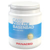 Behälter mit der Aufschrift „PANACEO BASEN BAD ZEOLITH“ in weiß-blauem Design und mit einem Text, der darauf hinweist, dass er 100 % reines, natürliches Zeolith enthält.