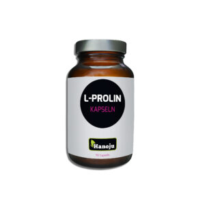 Braune Flasche mit silbernem Deckel und der Aufschrift „L-PROLIN KPS 400MG HANOJU“, enthält 90 Kapseln.
