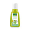 Eine grüne Flasche SH.RAUSCH SCHWEIZER KR.PFL. Shampoo mit weißem Deckel, Kamillenblüten bedruckt und mit dem Slogan „Für gesundes Haar“ versehen.