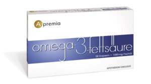 Schachtel Omega-3-Fettsäure-Kapseln mit der Aufschrift „30 Kapseln, 1000 mg Fischöl“, aus der Produktlinie APREMIA OMEGA 3 FETTSRE KPS, Apotheken Exklusiv.