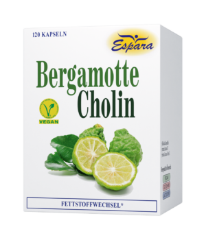 Schachtel mit BERGAMOTTE-CHOLIN KPS-Nahrungsergänzungsmitteln mit Bildern der Bergamotte-Frucht auf der Vorderseite; als vegan gekennzeichnet und mit 120 Kapseln.