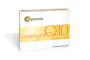 Schachtel mit 30 Kapseln mit der Aufschrift „APREMIA Q10 COENZYM 60MG KPS“. Die Verpackung ist weiß mit orangen und gelben Akzenten.