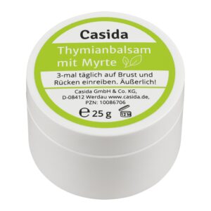 Ein runder, weißer Behälter mit der Aufschrift „THYMIAN BLS +MYRTE ERWACHSEN, 25g“, mit deutscher Gebrauchsanweisung und grünem Verschluss.