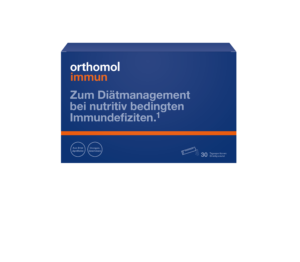 Blaue Schachtel ORTHOMOL IMM.DIREKT GRAN ORA, ein Nahrungsergänzungsmittel zur Behandlung ernährungsbedingter Immundefizienz. Enthält 30 Tagesportionen.