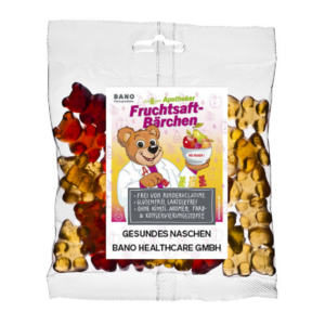 Tüte Fruchtsaft Baerch GR BANO Gummibärchen, in verschiedenen Farben und mit der Kennzeichnung glutenfrei, laktosefrei, ohne künstliche Farb- und Konservierungsstoffe. Marke: BANO Healthcare GmbH.