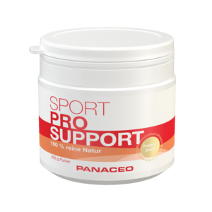 Eine weiße Dose mit der Aufschrift „PANACEO PLV SPORT PROSUPPORT“ weist rote und orange Akzente auf, ist 100 % natürlich und wiegt 200 g.