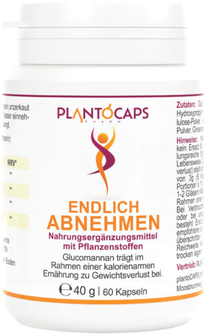 Flasche PLANTOCAPS ENDL.ABNEHMEN KPS-Nahrungsergänzung mit deutschem Text über Glucomannan zur Gewichtsabnahme, enthält 60 Kapseln und wiegt 40 g.