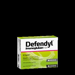 Die DEFENDYL-IMUNOGLUK.KPS-Box im grün-weißen Design enthält 30 Kapseln mit Beta-(1,3/1,6)-D-Glucan, Vitamin C und Zink zur Unterstützung des Immunsystems.
