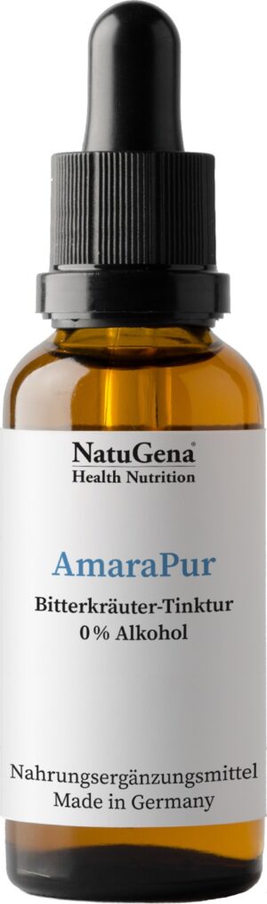 NATUGENA TR AMARA PUR ist eine 0% alkoholische Bitterkräutertinktur mit der Aufschrift „Nahrungsergänzungsmittel hergestellt in Deutschland“.