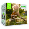 Schachtel mit BIOTTA SCHLANKHEIT 1WOCH GUT Wellness-Säften, zeigt eine Frau mit ausgestreckten Armen auf einem Feld. Enthält Text zu Rezepten und Yoga-Tutorials.