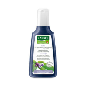 Blaue Flasche SH.RAUSCH SALBEI SILBERGLANZ Shampoo mit weißem Verschluss, Etiketten in mehreren Sprachen und dem Bild einer lila Blume auf dem Etikett.