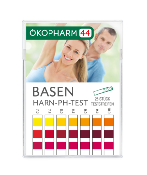Die ÖKOPH BASOVITAL TESTSTR-Verpackung zeigt ein lächelndes Paar und pH-Teststreifen mit den Nummern 7,0 bis 9,5, inkl. 25 Streifen zum Testen.