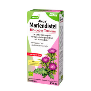Schachtel MARIEND KR.TONIC SALUS mit Distelbildern und Text, der den veganen Charakter und den Vitamin-C-Gehalt aus Bio-Acerola-Kirschen hervorhebt.